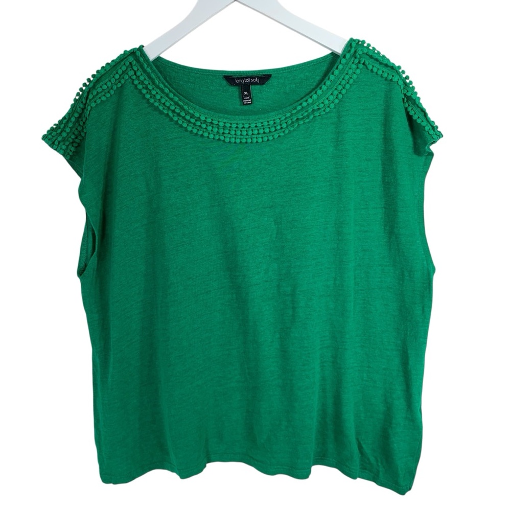 Long Tall Sally Vibrant Green Beaded linen t- shirt Blouse size X-Large